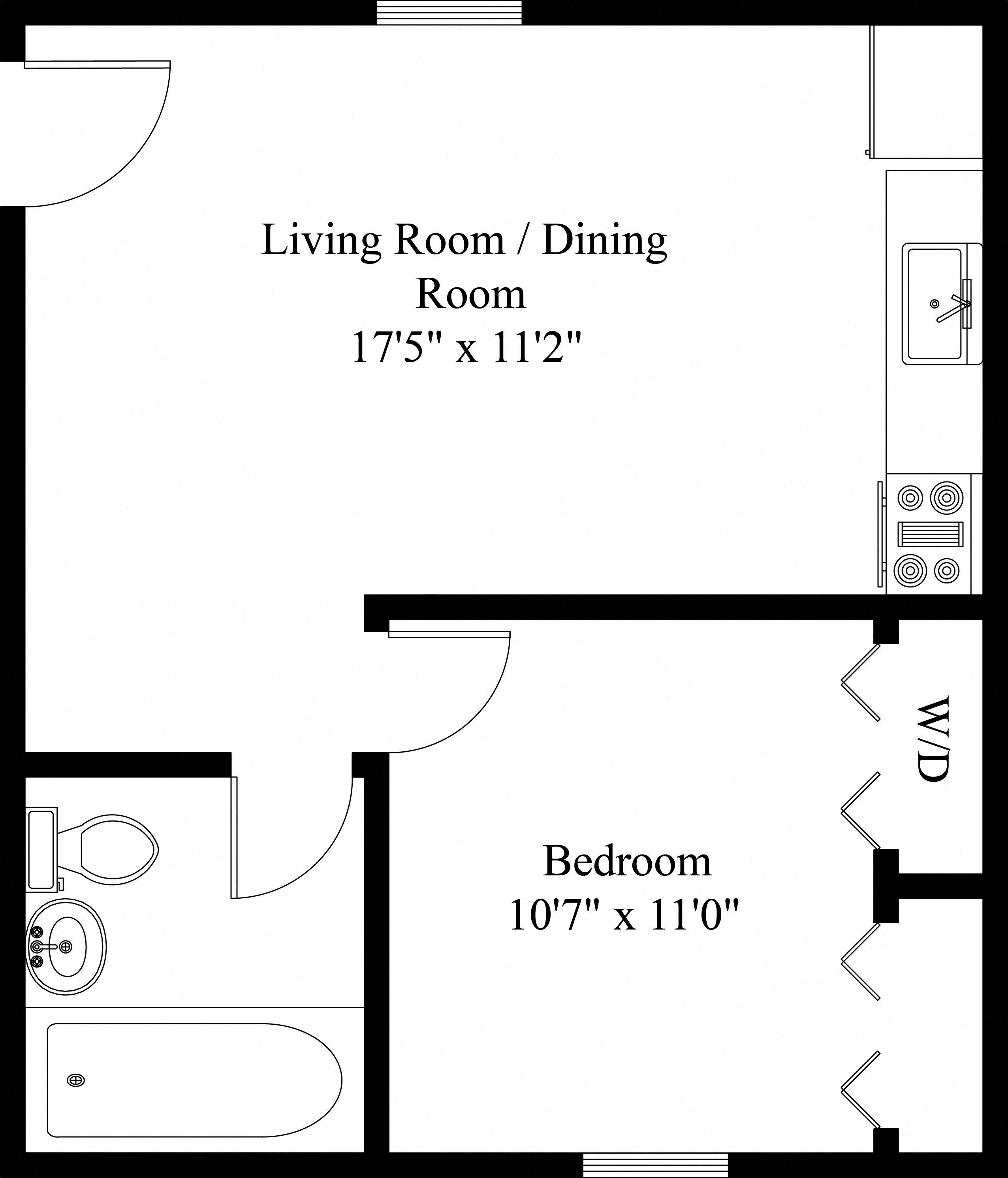 Floor plan for 1 bed, 1 bath, 460 sqft